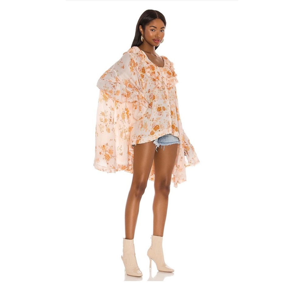 Free People Loretta Floral Tunic Top Orange Yellow Ruffle Bell Sleeve Medium
